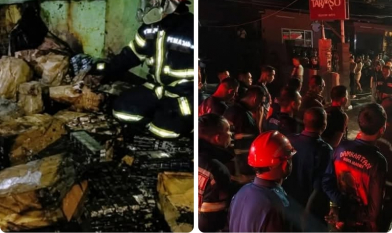 Kebakaran sebuah rumah yang diduga dijadikan gudang penyimpanan rokok merek King Garet di kawasan Jalan Kolonel Amir Hamzah, RT 03, Kelurahan Telanaipura, Kota Jambi. 