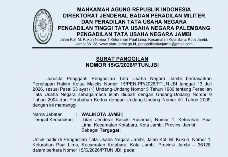 Wali Kota Jambi Jadi Tergugat, Sidang Perdana di PTUN 22 Juli 2026