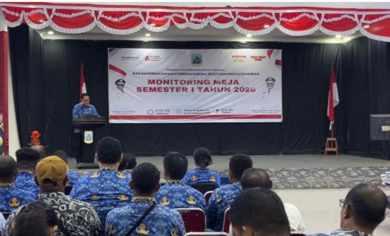 Monitoring Meja Semester I Tahun Anggaran 2026 yang digelar Badan Perencanaan Pembangunan, Riset dan Inovasi Daerah (Bapperida) di LPP RRI Nabire, Kamis (13/8/2026).